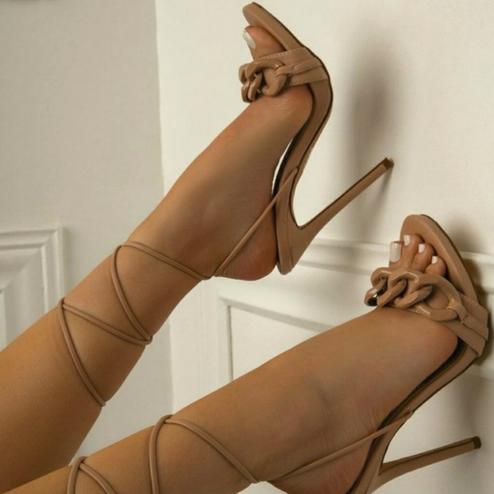 Valencia Lace up High Heels - Nude